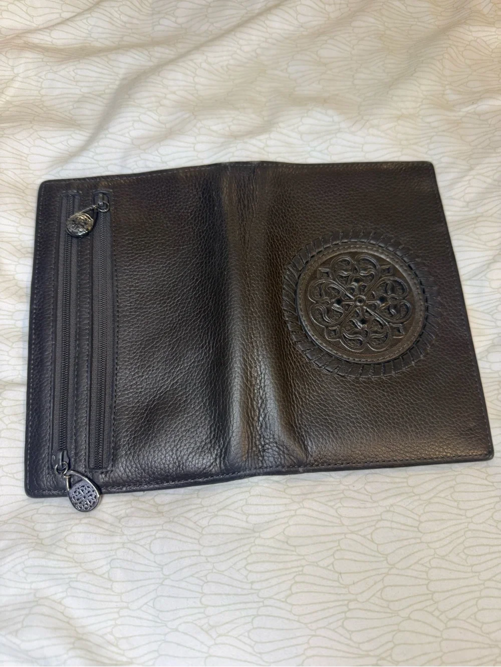 Pewter Brighton Leather Bifold Wallet with Embossed Medallion & silver accents